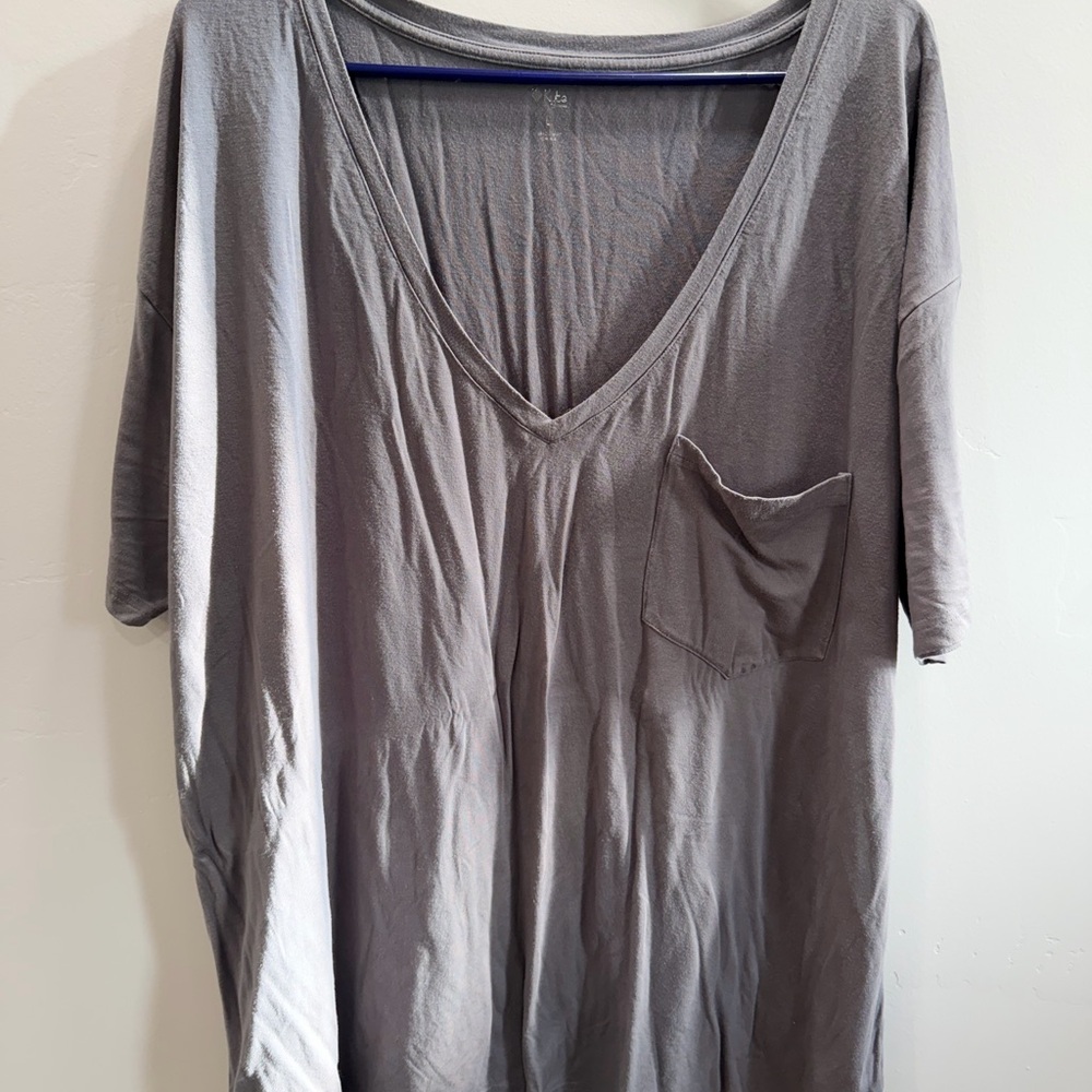 Gray V-Neck T-Shirt with Pocket
